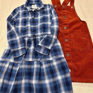 Blue Plaid and Orange Corduroy Kids Casual Dresses